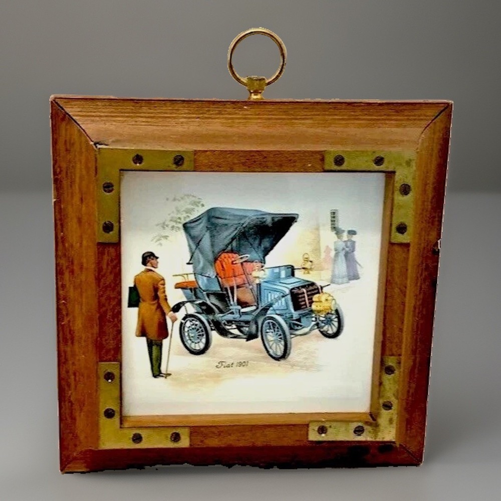 Wall Art VTG Wood Brass Tile Antique Car Auto Retro 1900 Handmade Decor Plaque